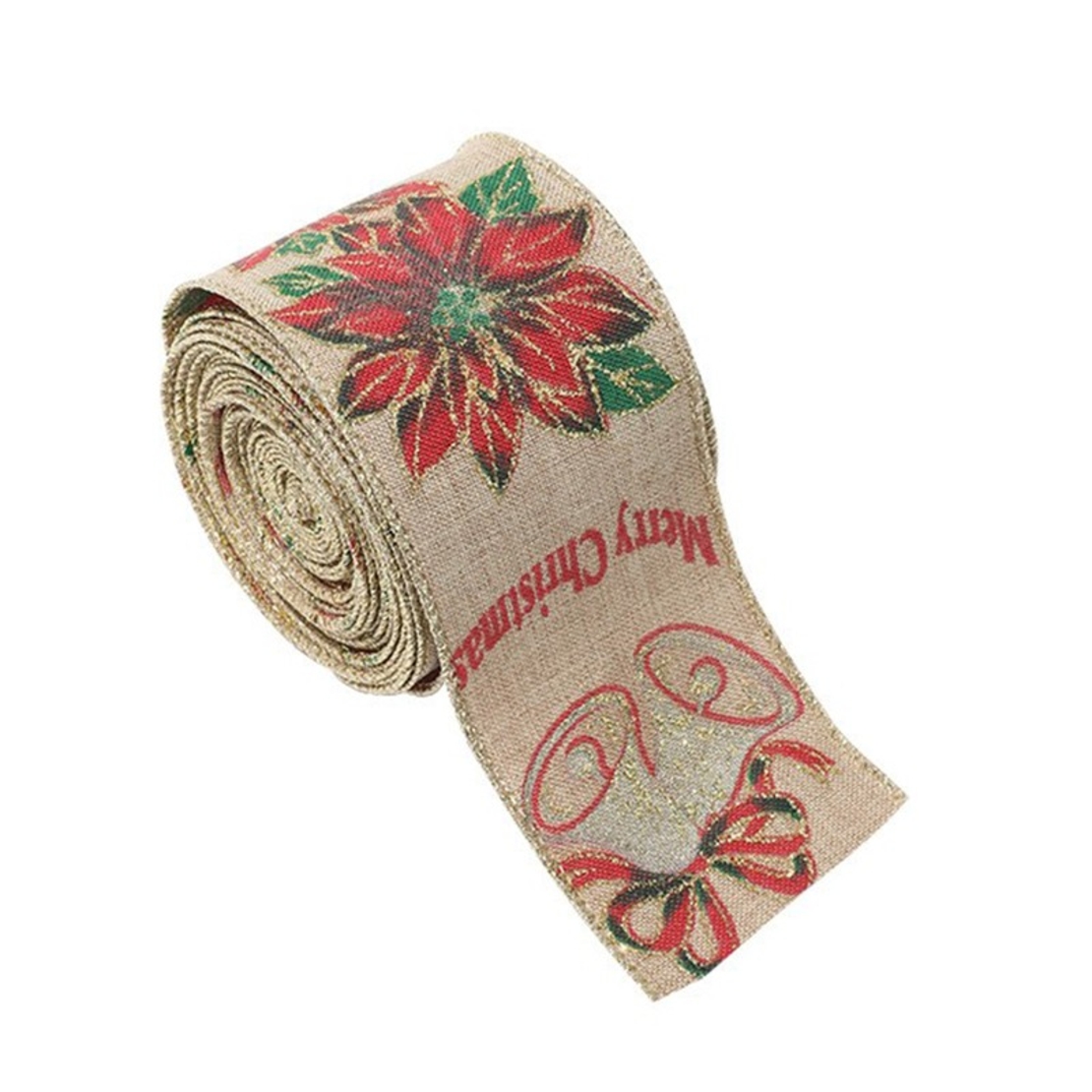 Panglica Decorativa pentru Craciun, Flippy, Ornament pentru Brad de Craciun, Pretreceri, Panglica cu Design Floare Rosie si Merry Christmas, 200 x 6.3 cm, Khaki