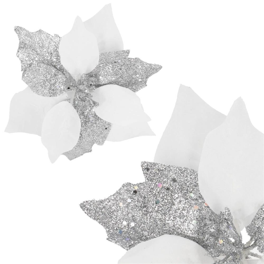Set 5 ornamente pentru bradul de Craciun, stea Poinsettia, 23cm, alb argintiu