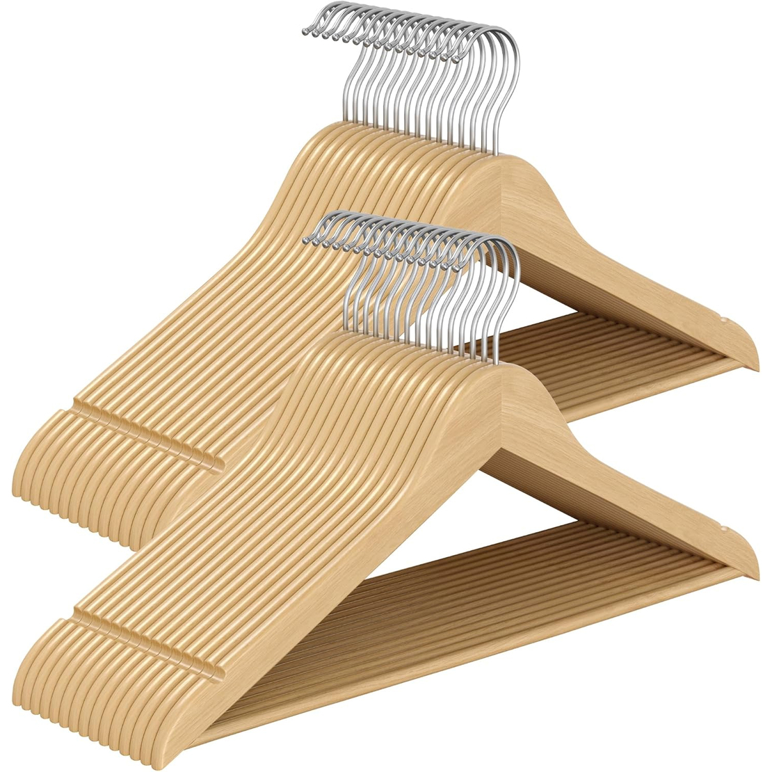 SONGMICS Set de 30 de umerase din lemn, carlige rotative 360°, cu bara pentru pantaloni, 43 cm, natur