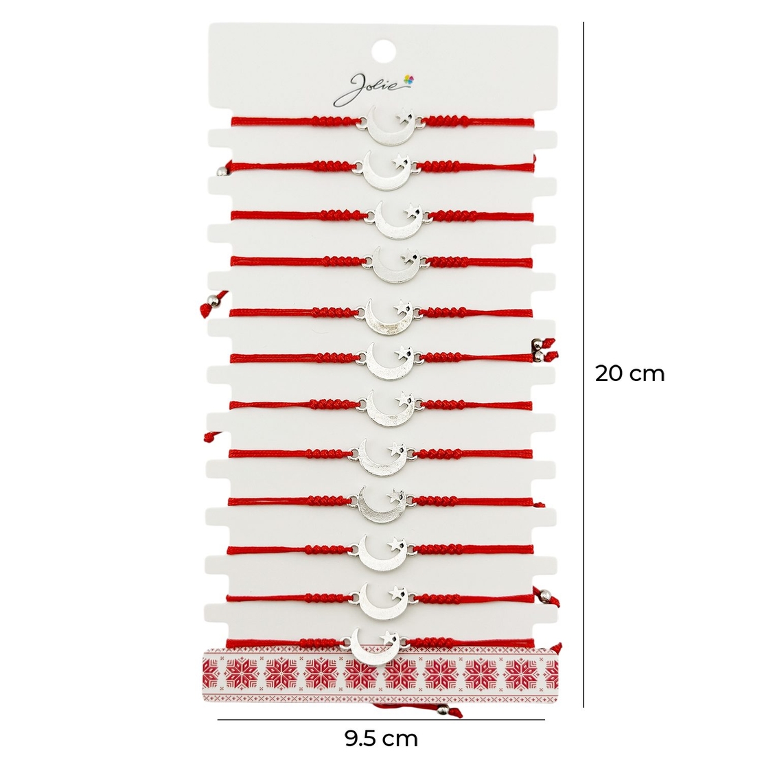 Martisor Bratara Impletita cu Pandantiv din Inox, Jolie, pentru Dama, Set 12 bucati, Snur Rosu Textil, Dimensiune Reglabila, Model Luna Stea
