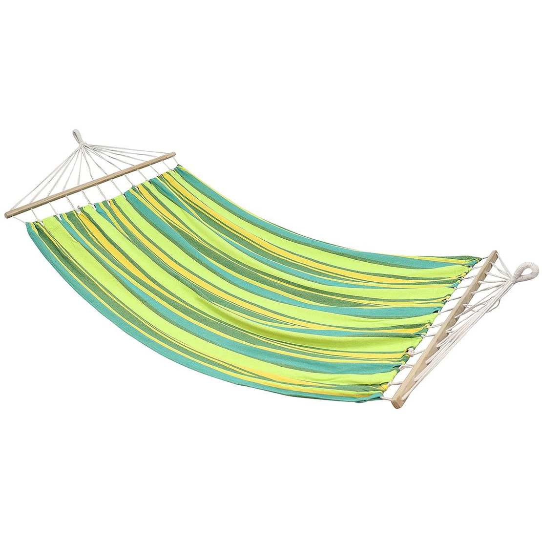 Hamac dublu cu bare din lemn, pentru 2 persoane, bumbac, 150kg, 200x150 cm, verde si galben