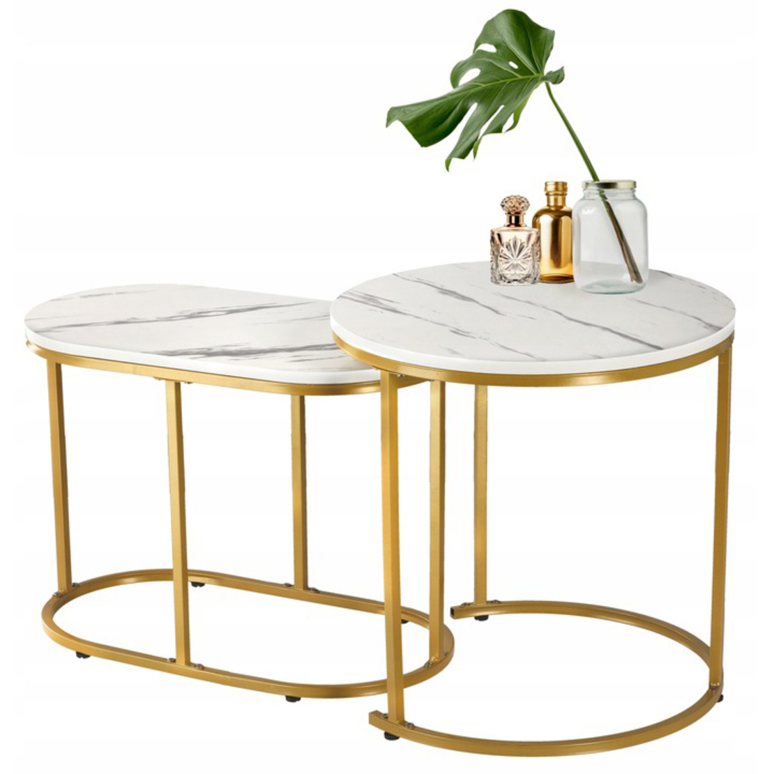Set 2 mese pentru cafea, cadru otel, blat MDF model marmura, 50x50x50 cm si 60x32x44 cm, alb si auriu