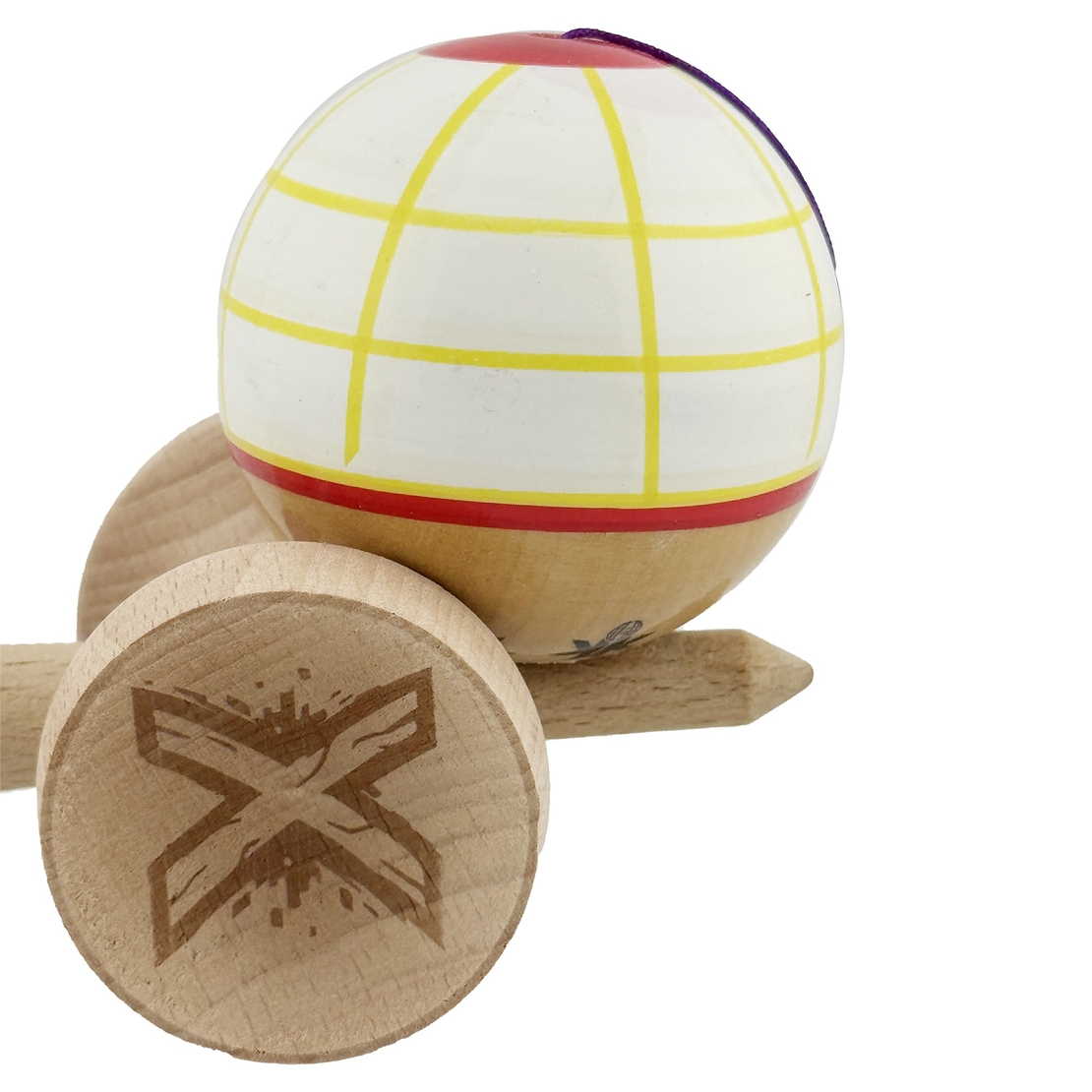 Kendama X Originala, Profesionala, Flippy, Legendary Glob, Cupe Mari KING SIZE V3, Super Sticky, Gaura in Baza, Rulment Metalic, din lemn 18 cm, Ata 62/65 cm, Alb/Galben/Rosu
