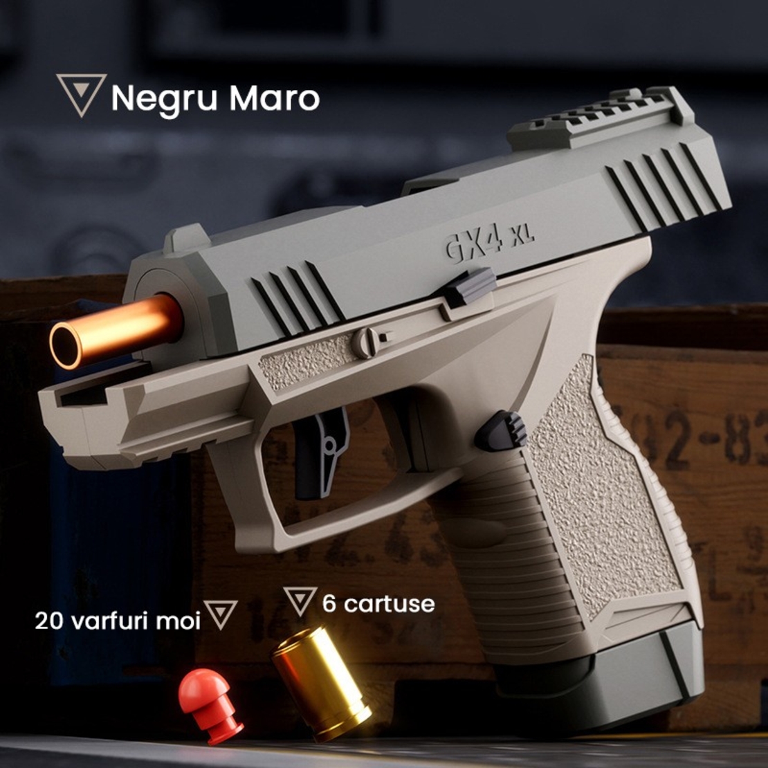 Pistol de jucarie GX4 cu Ejectie, Vafy, de Explozie de buzunar, Makara BLOWBACK, Gloante Moi pentru Copii, 15 x 13 x 3.5 cm, Negru Maro
