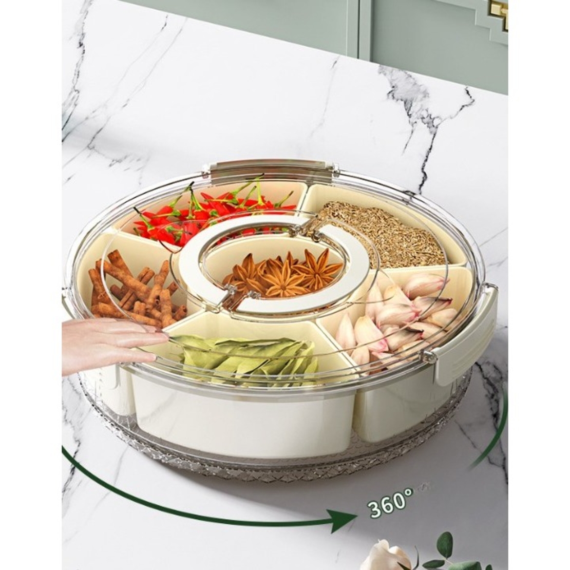 Cutie de Depozitare pentru Alimente, Flippy, cu 6 Compartimente, pentru Condimente, Fructe, Legume, cu Manere de Prindere, Rotativa 360 de Grade, Inchidere Ermetica, 32x10 cm, Alba