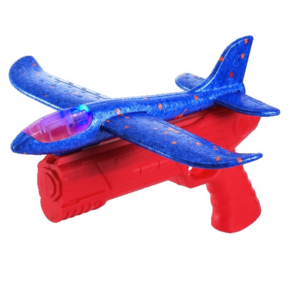 Pistol cu Lansator de Avion, Flippy, din Polistiren+Plastic, +3 Ani, Avion 38 cm, Lansare 10 m, cu Lumini si Roti, Rosu/Albastru