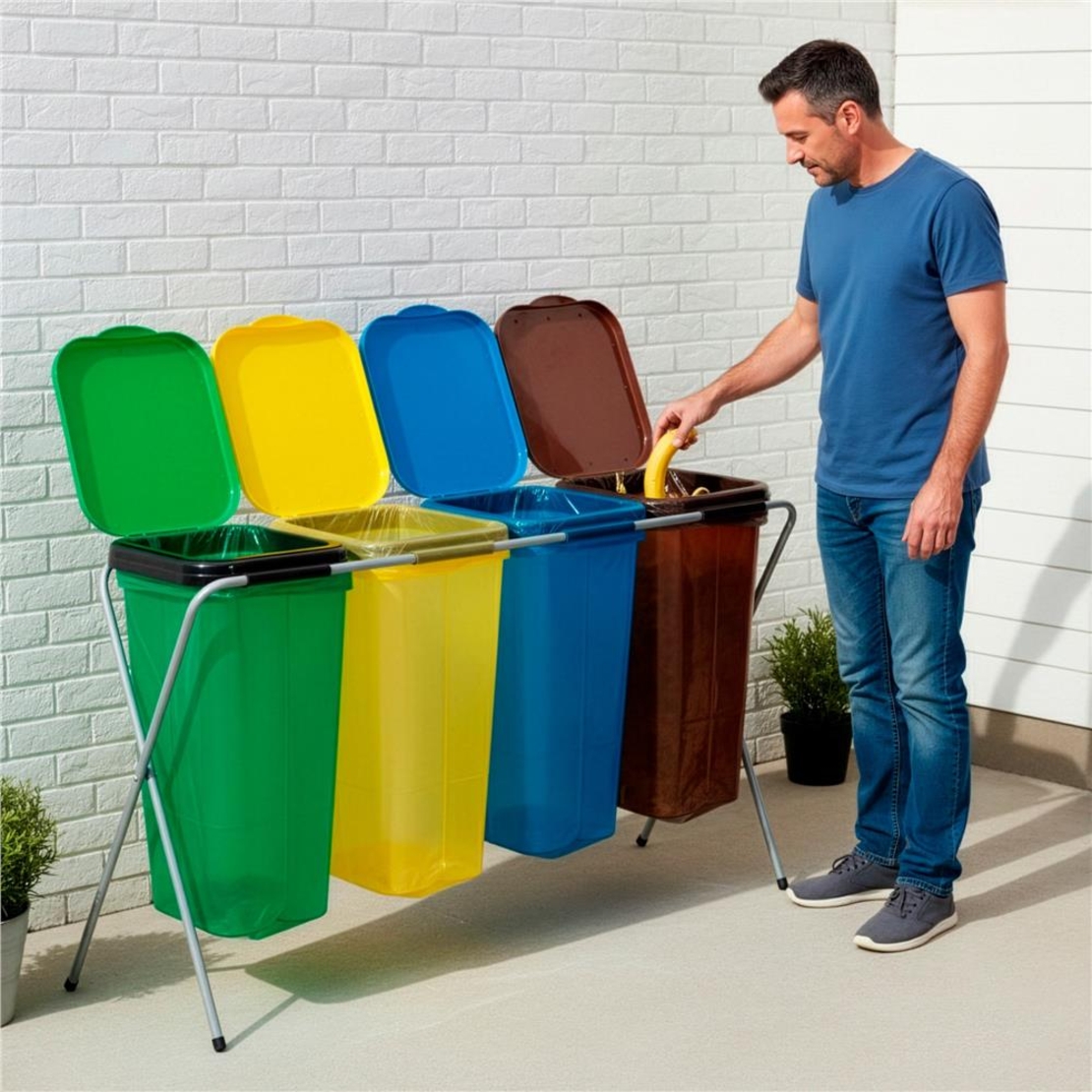 Cos de gunoi selectiv cu 4 compartimente, cadru metalic si capace PP, 128x42x74 cm