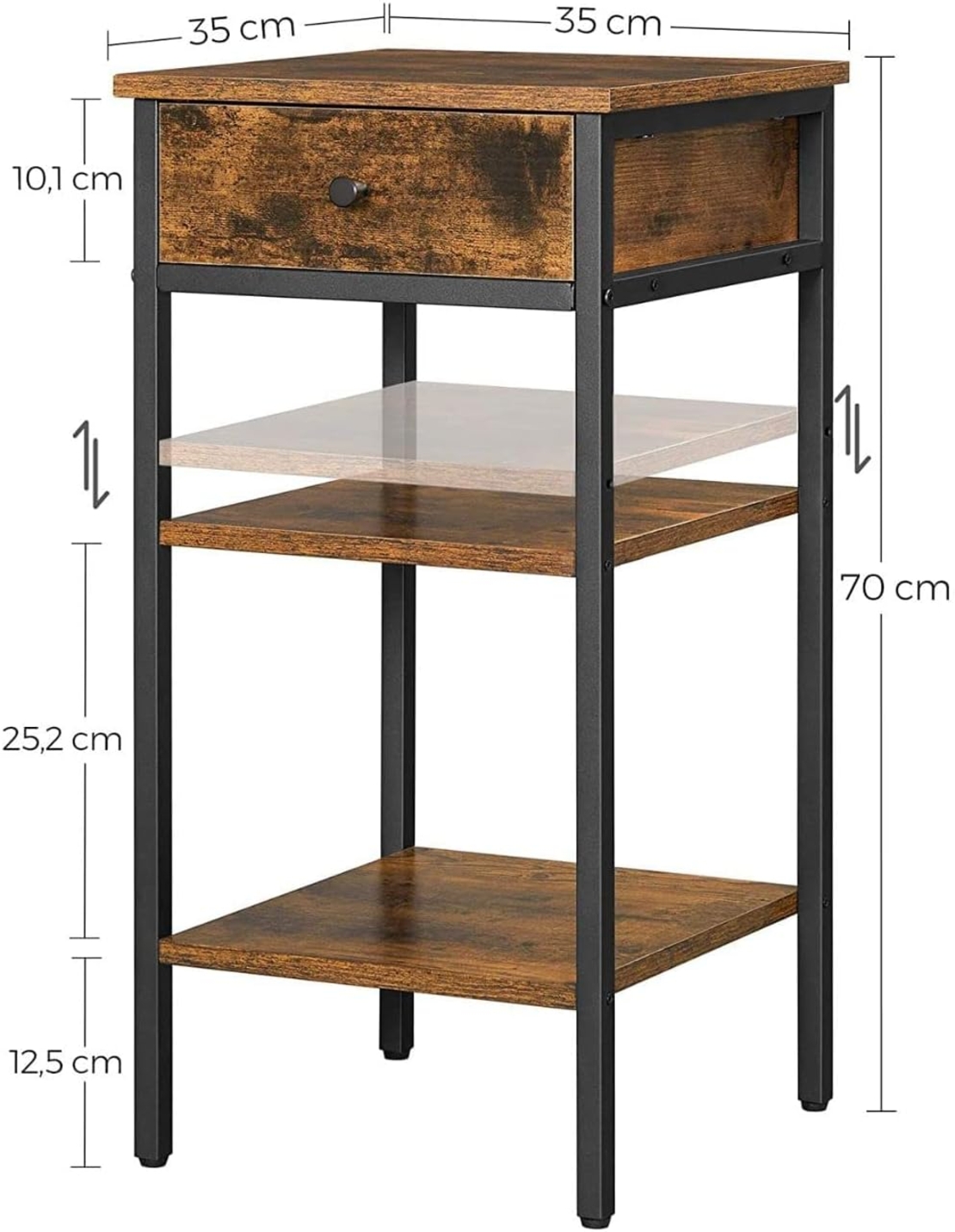 VASAGLE Noptiera inalta cu sertar si 2 rafturi de depozitare, stil industrial, 35x35x70cm, maro rustic si negru