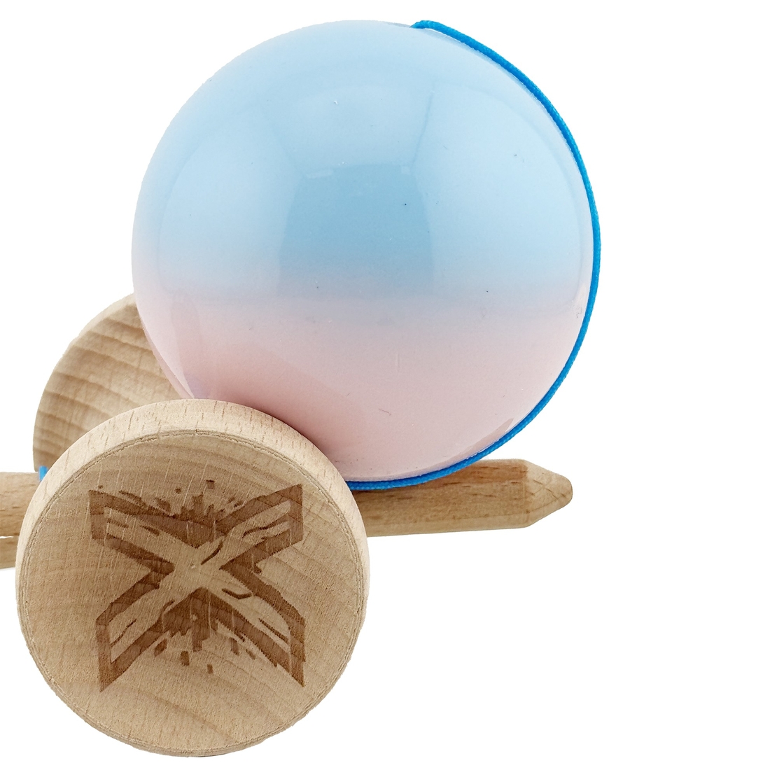 Kendama X Originala, Profesionala, Flippy, Big Cups V2, Super Sticky cu Cupe Mari, din lemn 18 cm, Rulment Metalic cu Ata 55 cm, Albastru deschis/Roz