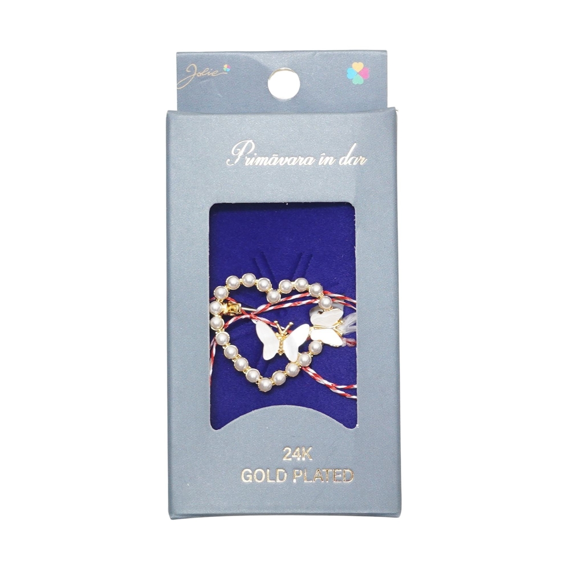 Martisor Brosa Placata cu Aur 24K, Jolie, Ambalaj Carton cu Design, Material Metal, Model Inima, Dimensiune Brosa 2 - 3 cm, Auriu/Alb