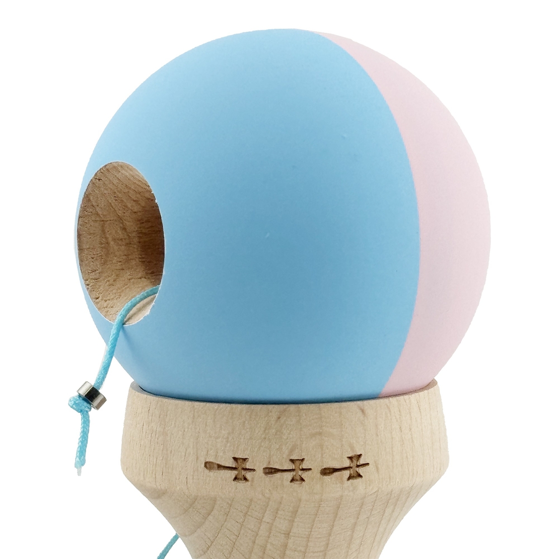 Kendama X Originala, Profesionala, Flippy, Rubber Grip, Cupe Mari KING SIZE V3, Gaura in Baza, Rulment Metalic, din lemn 18 cm, Ata 62/65 cm, Bicolor Roz/Bleu