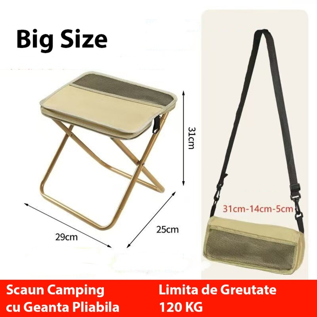 Scaun Taburet Pliabil pentru Camping, Vafy, pentru Adulti, Scaun Portabil, Pescuit, din Panza Oxford si Cadru Metalic, Mare 31 x 29 x 25 cm, Bej
