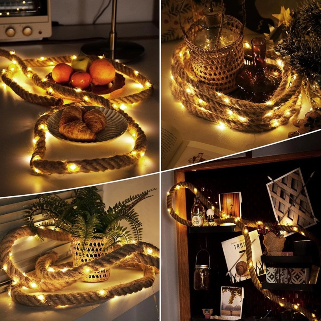 Instalatie Luminoasa, Flippy, cu Fir de Cupru, 2 m, 40 LED-uri, Model Sfoara de Canepa, cu Baterii, IP44, Alb Cald