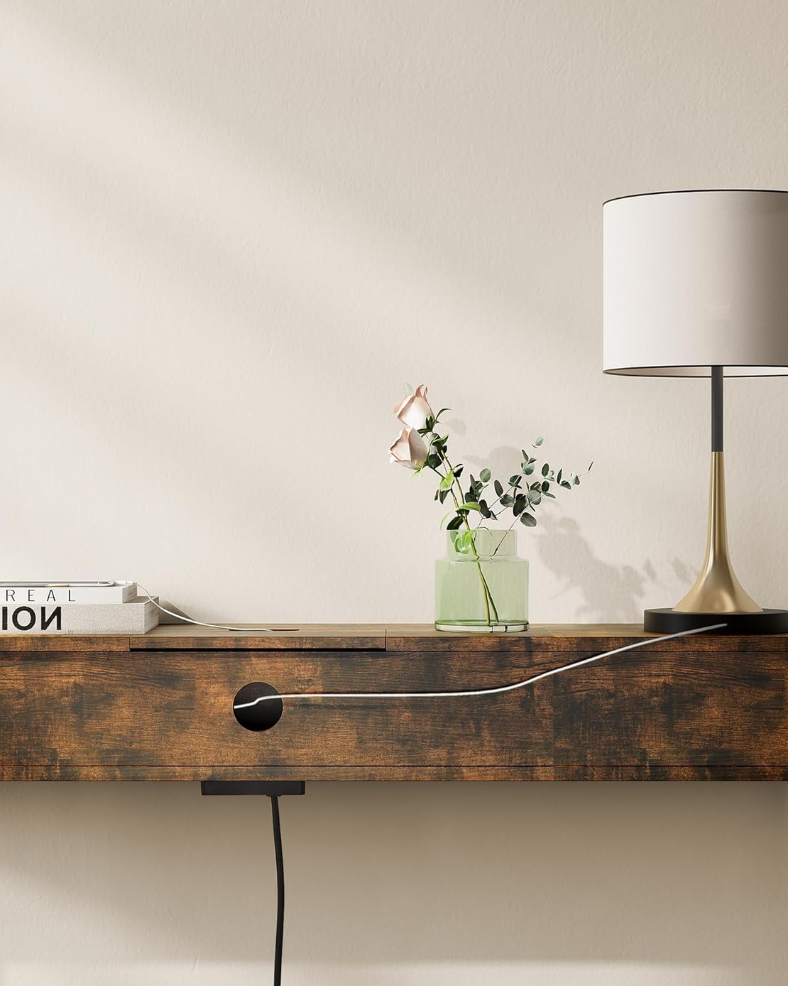 VASAGLE Masa tip consola ingusta, cu 2 prize si 2 porturi USB incorporate, 120x25x81 cm, maro rustic