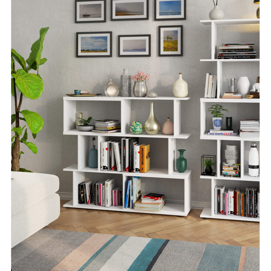 Etajera modulara cu 6 rafturi pentru depozitare, PAL laminat 16 mm, 120x28x108 cm, alb