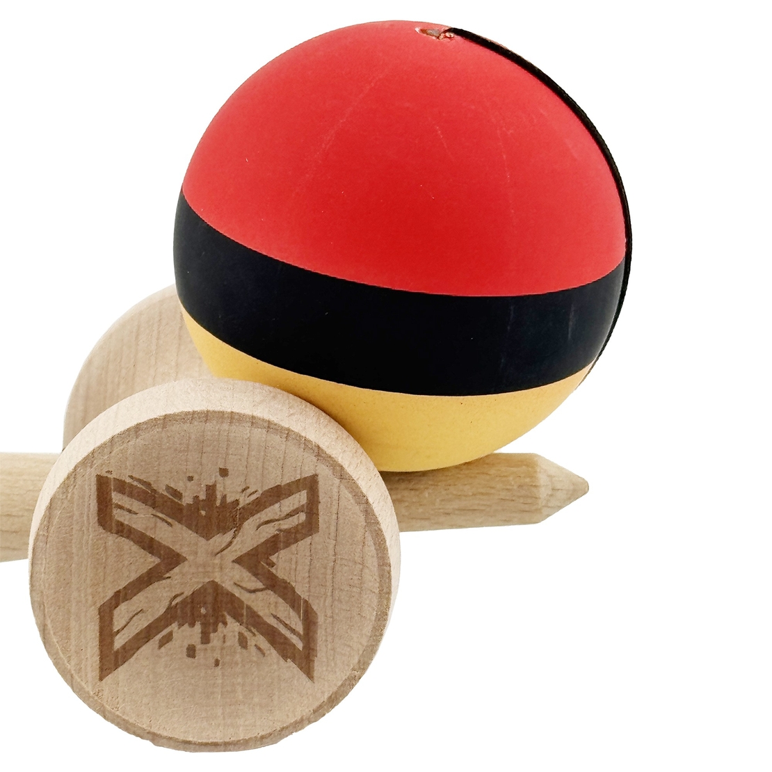 Kendama X Originala, Profesionala, Flippy, Cupe Mari KING SIZE V3, Rubber Grip, Gaura in Baza, Rulment Metalic, din lemn 18 cm, Ata 62/65 cm, M Rosu/Negru/Galben