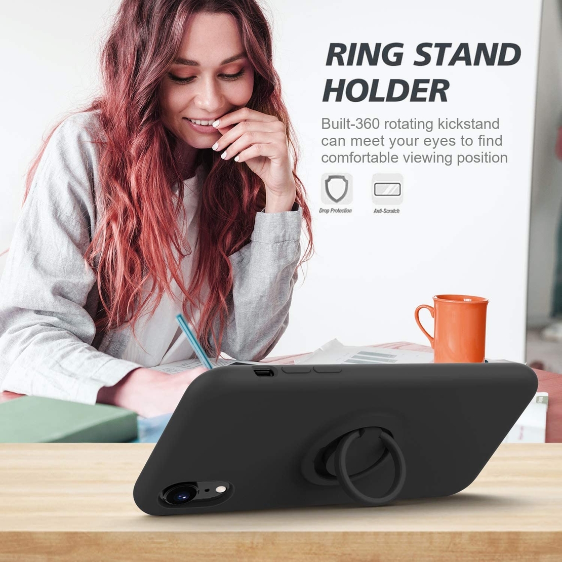 Husa protectie Vafy compatibila cu Apple iPhone XR Liquid Silicone Ring cu suport rotativ Negru