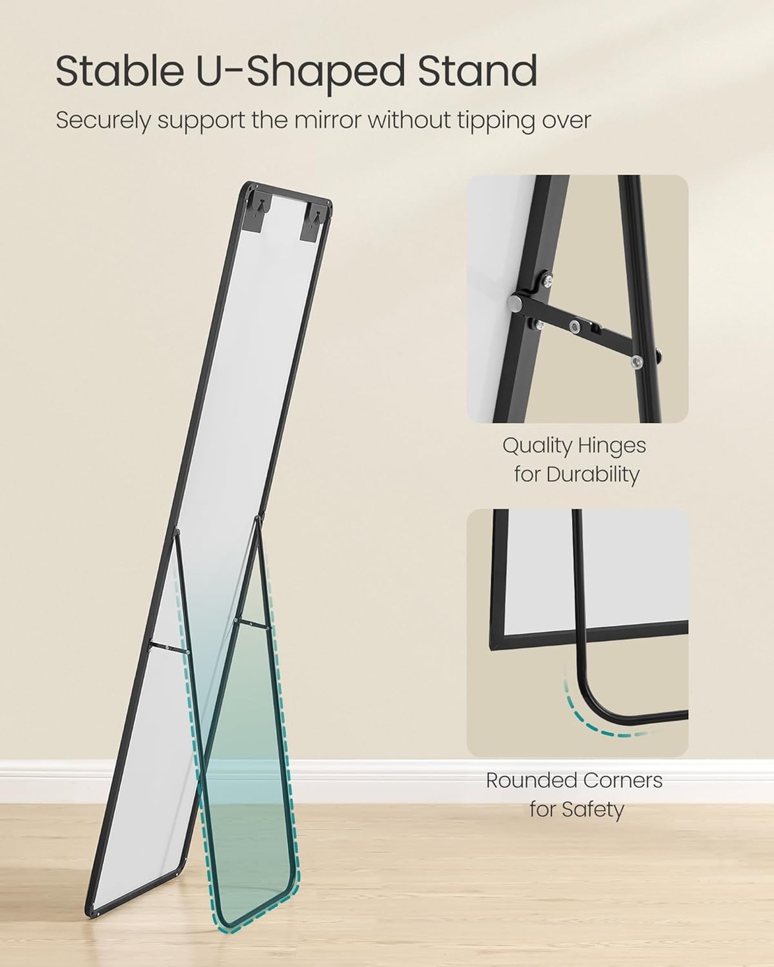 SONGMICS Oglinda de podea tip dressing, rama din aluminiu, sticla securizata, 150x40 cm, negru