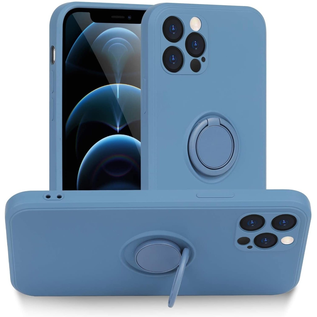 Husa protectie Vafy compatibila cu Apple iPhone 12 Pro Max Liquid Silicone Ring cu suport rotativ Albastru