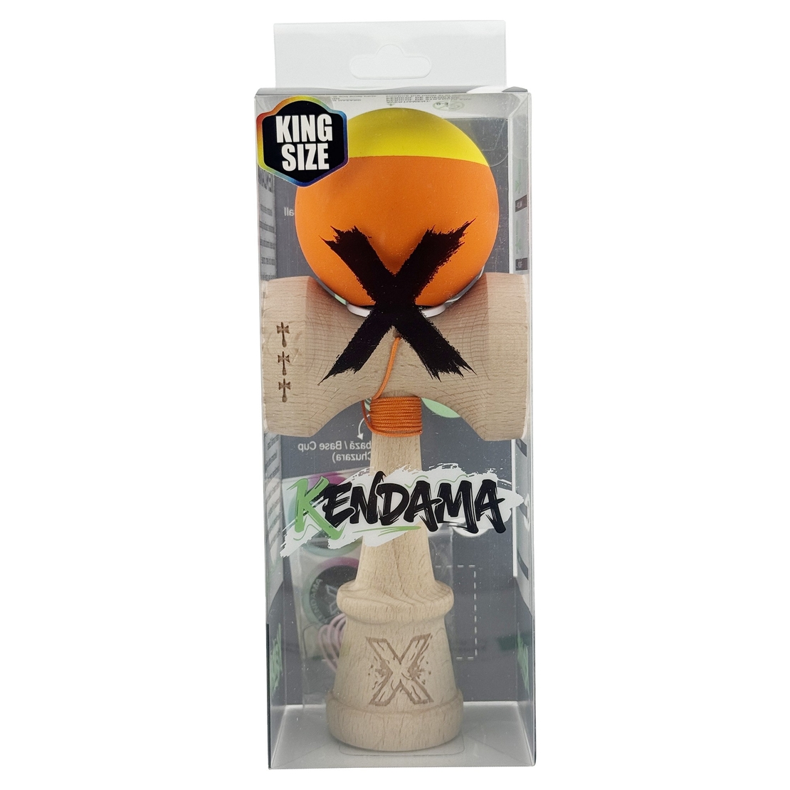 Kendama X Originala, Profesionala, Flippy, Rubber Grip, Cupe Mari KING SIZE V3, Gaura in Baza, Rulment Metalic, din lemn 18 cm, Ata 62/65 cm, Bicolor Galben/Portocaliu