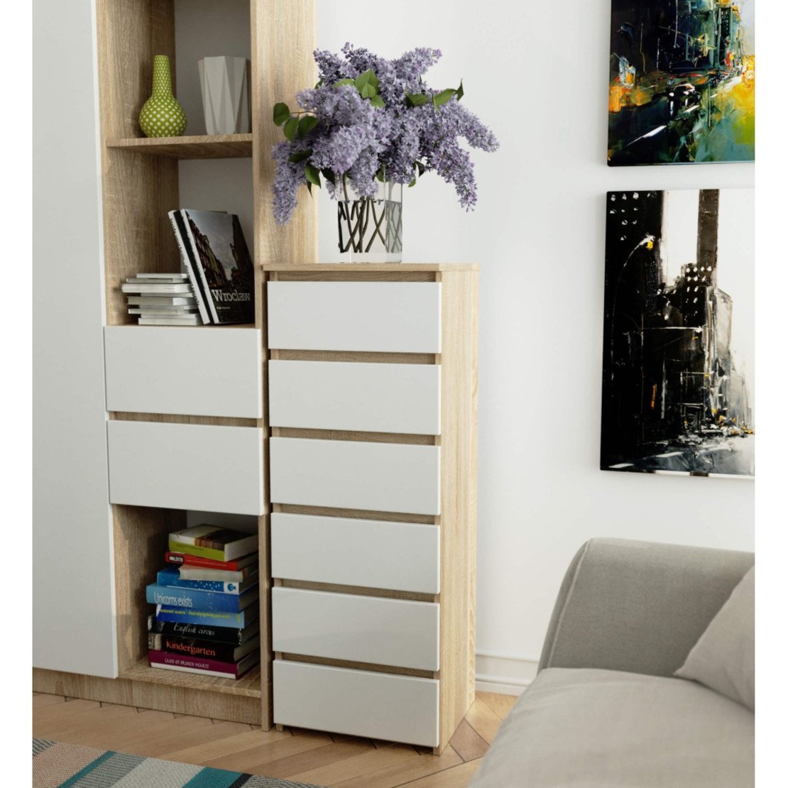 Comoda cu 6 sertare, PAL laminat 16 mm, 40x35x109 cm, stejar sonoma si alb