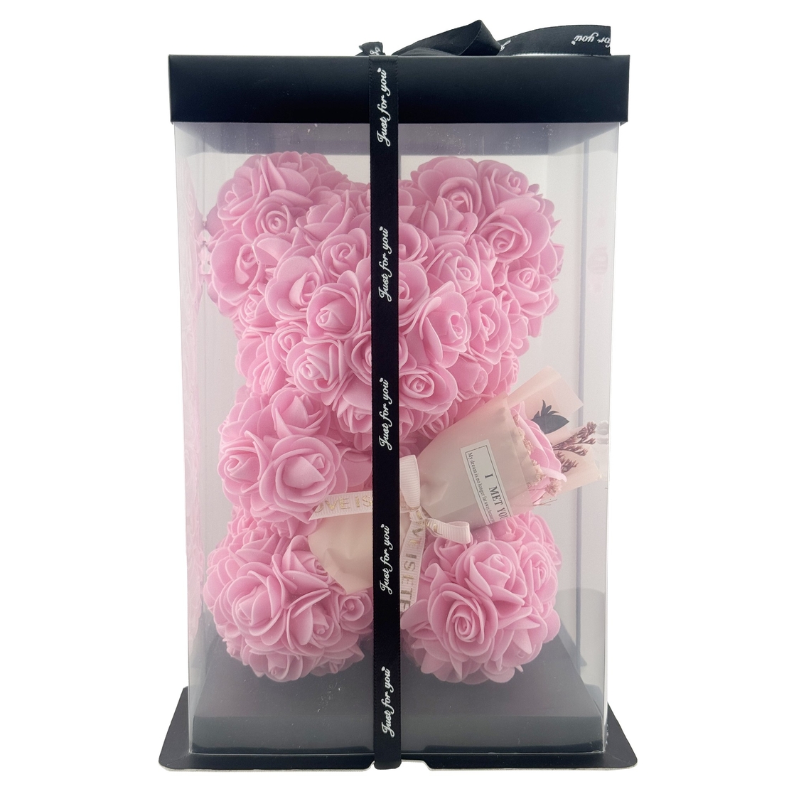 Ursulet din Flori, Flippy, Ursulet din Trandafiri de spuma, Ursuletul 16 x 16 x 23 cm / Cutia Trasparenta 17 x 17 x 25 cm, Roz