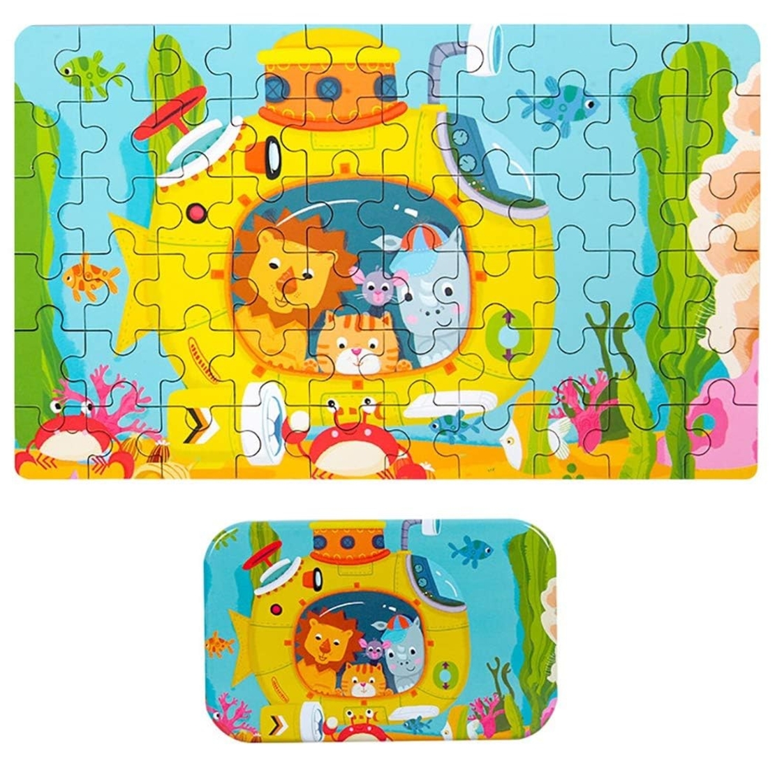 Puzzle 60 de Piese din Lemn in Cutie Metalica, Flippy, Model Submarin, Educativ, Dezvoltare Abilitati Cognitive, pentru Prescolari, 22.5x13.5 cm