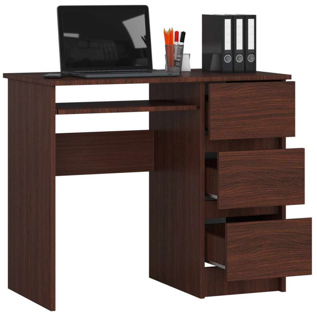 Birou computer cu 3 sertare si raft pentru tastatura, dreapta, 90x50x77 cm, maro wenge