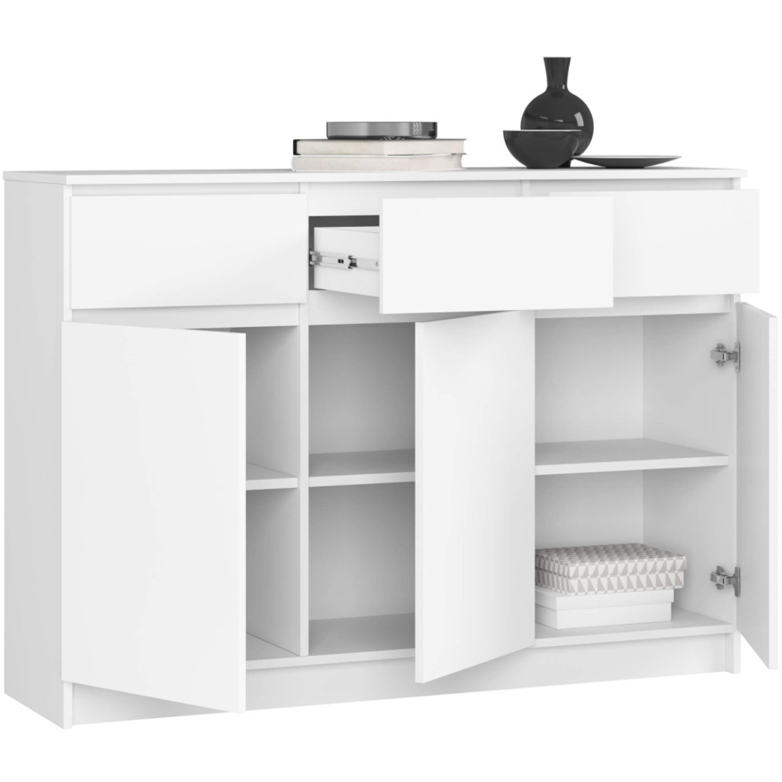 Comoda cu 3 usi si 3 sertare, PAL laminat, 138x40x99 cm, alb mat