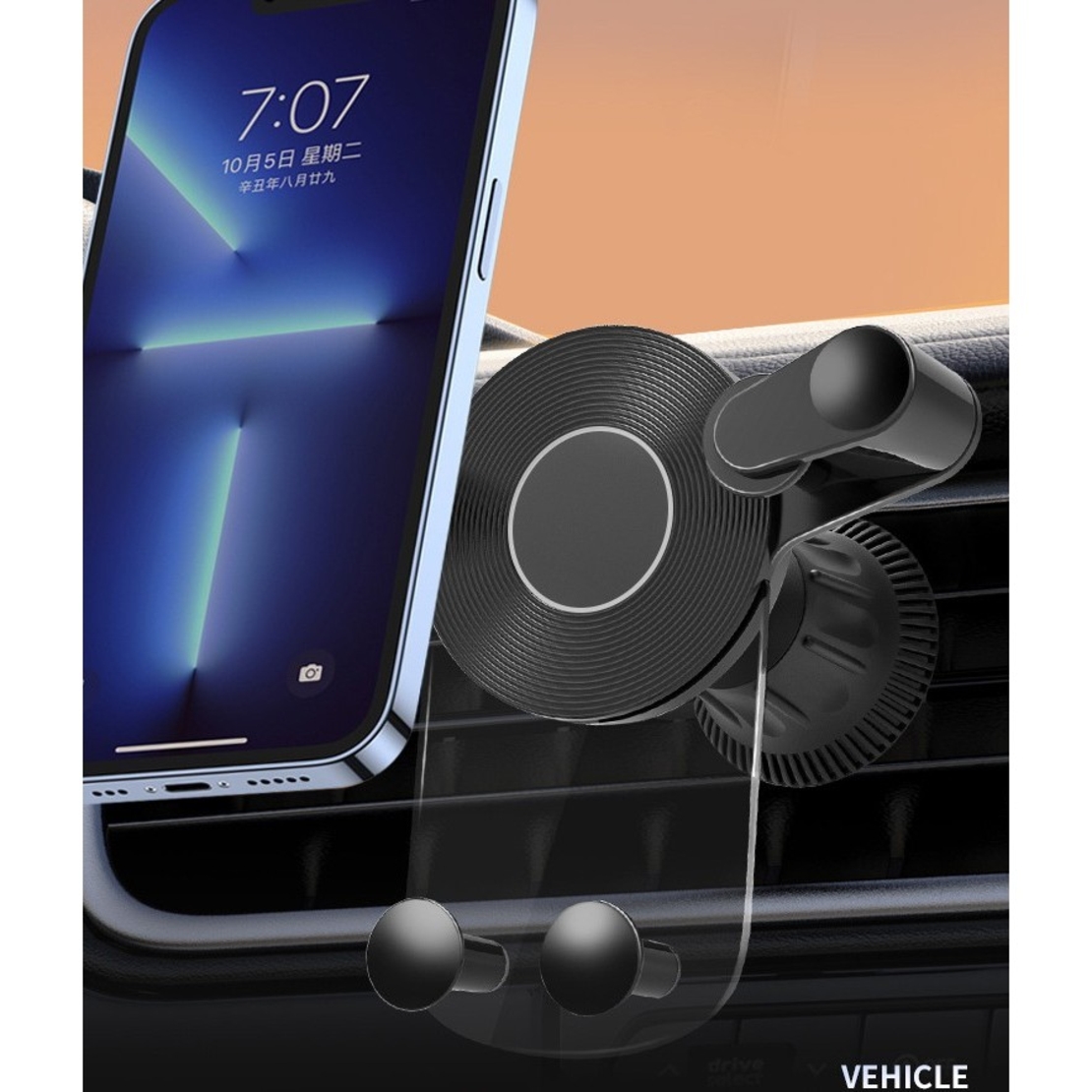 Suport Auto de Telefon, Flippy, pentru Ventilatie, din ABS, cu Clipsuri, Rotativ, 12x9.5x12 cm, Negru-Transparent