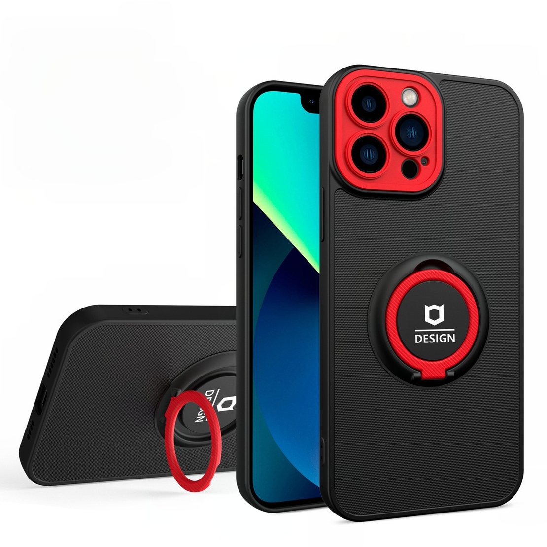 Husa de protectie Eagle eye pentru Apple iPhone 14 Pro, Rezistenta la socuri, Protectie camera, Cu inel de prindere magnetic rosu, Vafy, Negru