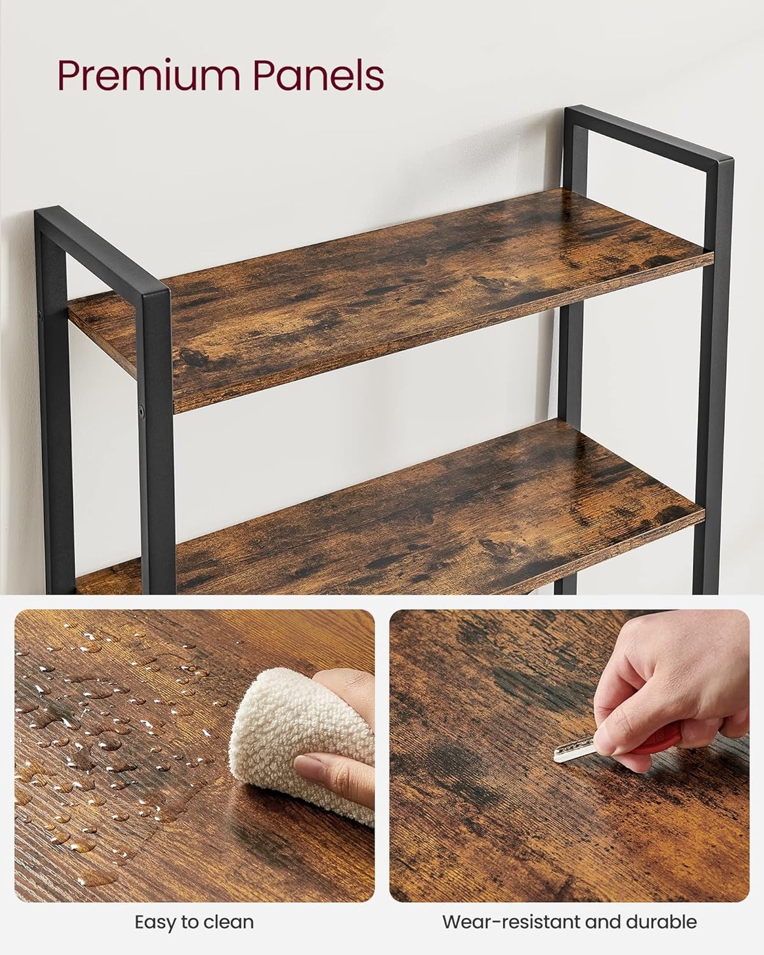 VASAGLE Biblioteca cu 5 etaje din lemn, cadru otel, stil industrial, 30x66x153cm, maro rustic si negru
