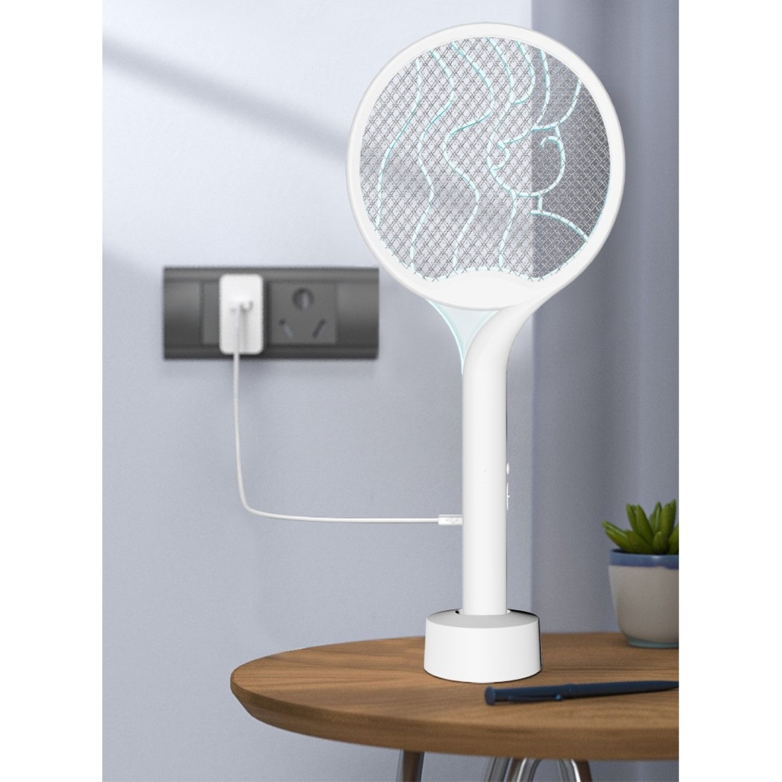 Paleta Electrica pentru Tantari, Muste si Tantari 2in1, Flippy, Reincarcabila, Incarcare USB, 2600V, Plastic, Casa si Gradina, Anti-insecte, Stand, 23x51 cm, Alb