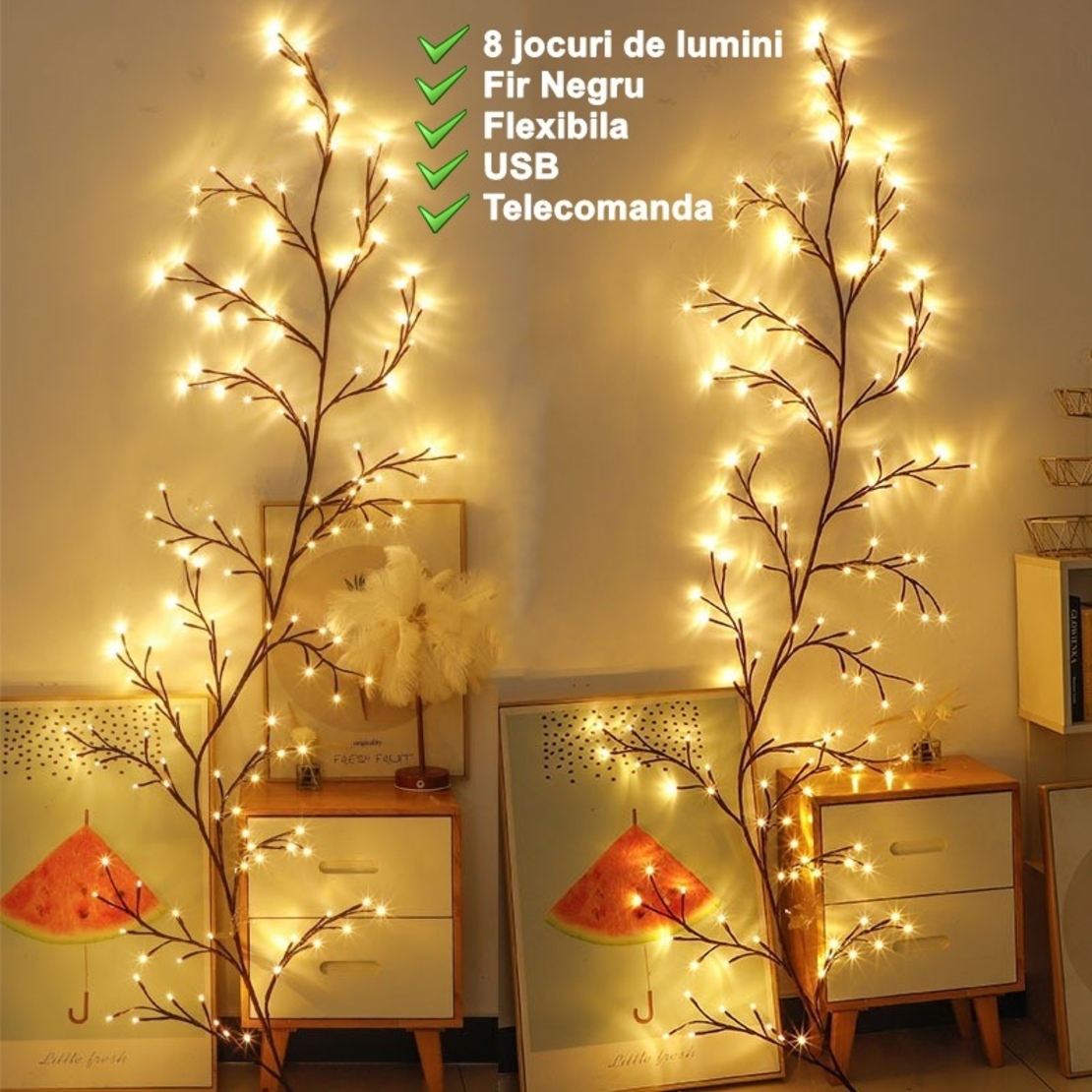 Instalatie Craciun tip Creanga Vafy, 144 LED-uri, Conectare USB, 8 Jocuri de Lumini, Telecomanda, 2.5 m, Prelungitor 2 m, 3V, Fir Negru, Alb Cald