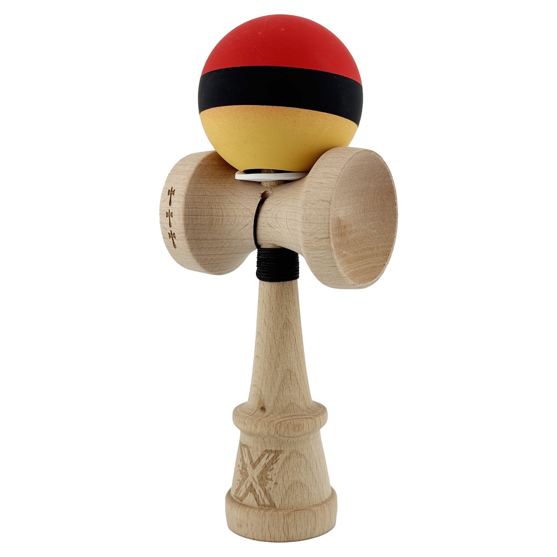 Kendama X Originala, Profesionala, Flippy, Cupe Mari KING SIZE V3, Rubber Grip, Gaura in Baza, Rulment Metalic, din lemn 18 cm, Ata 62/65 cm, M Rosu/Negru/Galben
