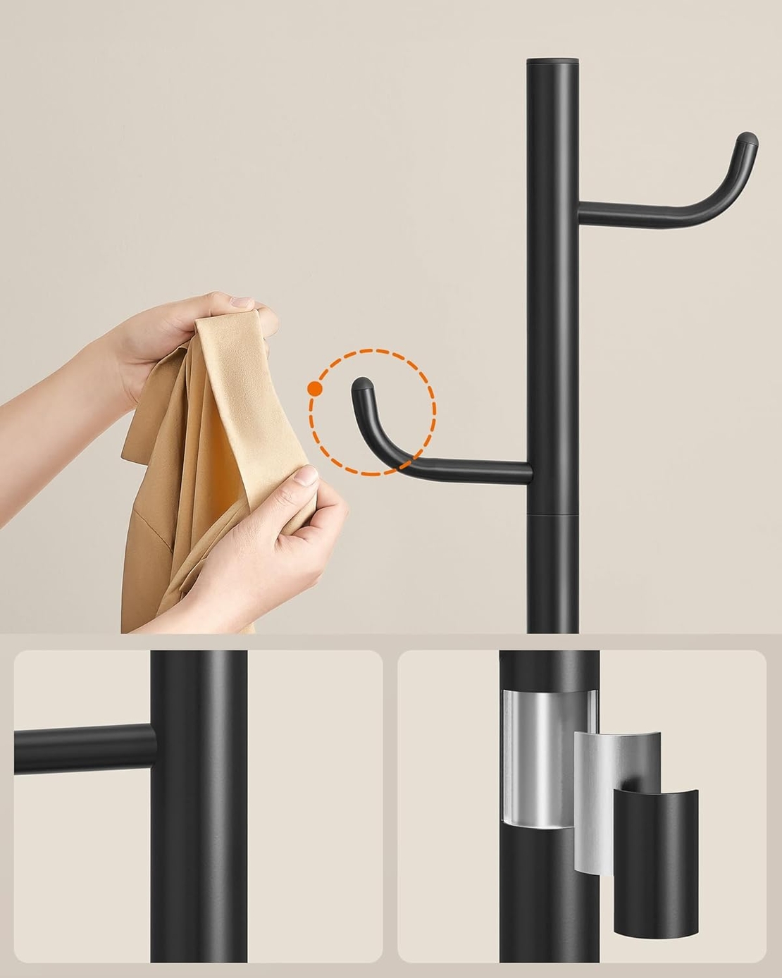 SONGMICS Cuier de podea, cu 8 carlige rezistente, pentru haine, palarii si genti, 175 cm, negru