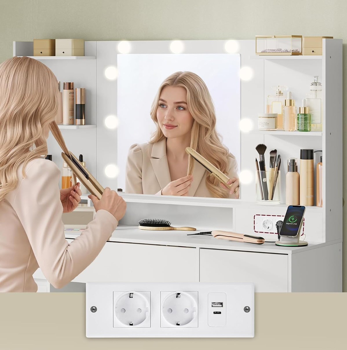 VASAGLE Masa de toaleta Kailyn cu oglinda, iluminare LED reglabila, priza integrata AC si USB, fronturi MDF, 40x107x144 cm, alb
