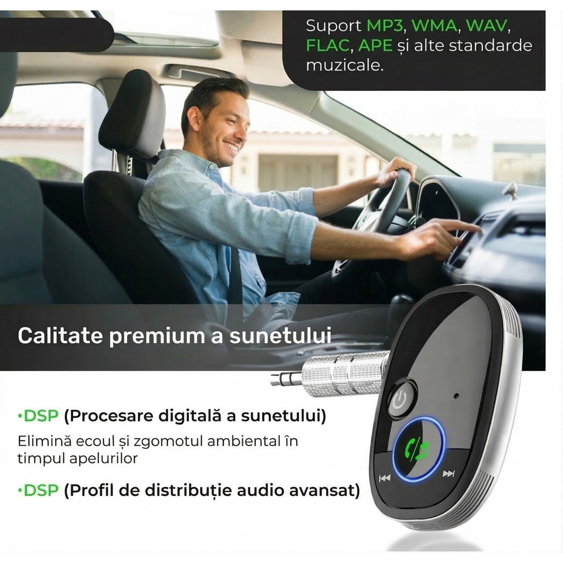 Adaptor Auto, Flippy, Bluetooth 5.0, Auxiliar, Asistenta Vocal, Jack 3.5 mm, Pentru Telefon Mobil si Sistem Audio Auto, Negru