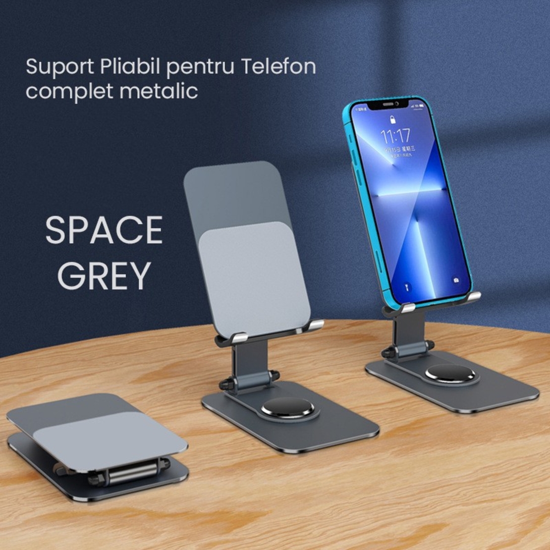 Suport pentru Telefon, Flippy, Suport Pliabil pentru Streaming, din Aliaj de Aluminiu, Compatibil cu Tableta, pentru Birou, 14.6 x 11.5 x 7 cm, Space Grey