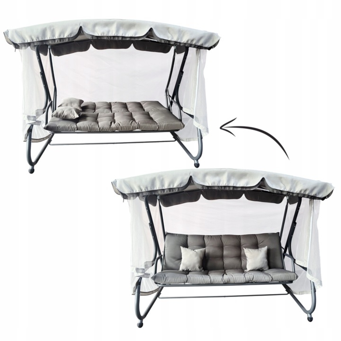 Balansoar leagan pat, 3 persoane, cu plasa tantari si perne, 350 kg, 220x130x175 cm, gri