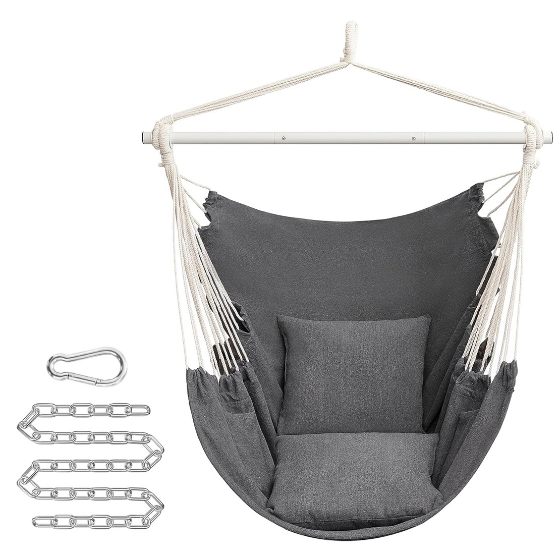 SONGMICS Fotoliu suspendat tip hamac cu 2 perne, lant si carabiniera incluse, 150x128 cm, gri inchis