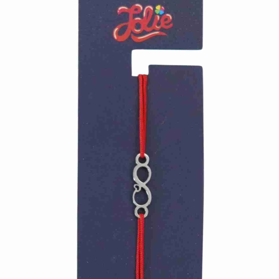 Martisor Bratara din Inox pentru Copii, Jolie, Textil si Inox, Snur Rosu, Model Infinit Inimioara, Argintiu