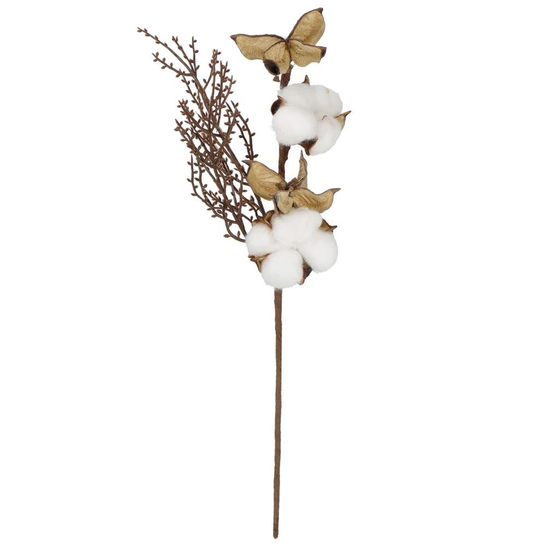 Ramura decorativa Craciun cu bumbac si plante uscate, 37 cm, alb/maro
