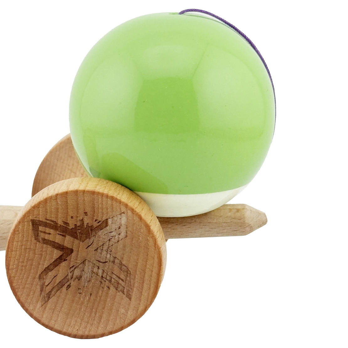 Kendama X Originala, Profesionala, Flippy, Big Cups V2, Super Sticky cu Cupe Mari, din lemn 18 cm, Rulment Metalic cu Ata 55 cm, Verde deschis/Alb