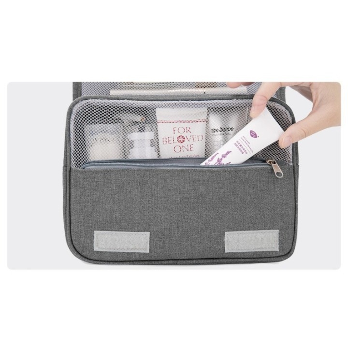 Geanta cosmetice voiaj, Flippy, material panza, impermeabil, 3 compartimente, cu agatatoare, Gri, 47 x 28 x 20 cm