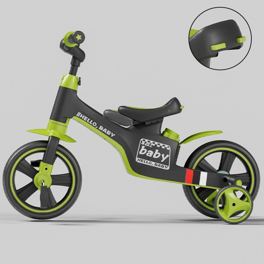 Bicicleta Multifunctionala pentru Copii, Vafy, 3 in 1 Bicicleta Troller Tricicleta, 2-6 ani, cu Roti Auxiliare, Ghidon si Scaun Reglabil, 93 x 78 x 43 cm, Negru Verde