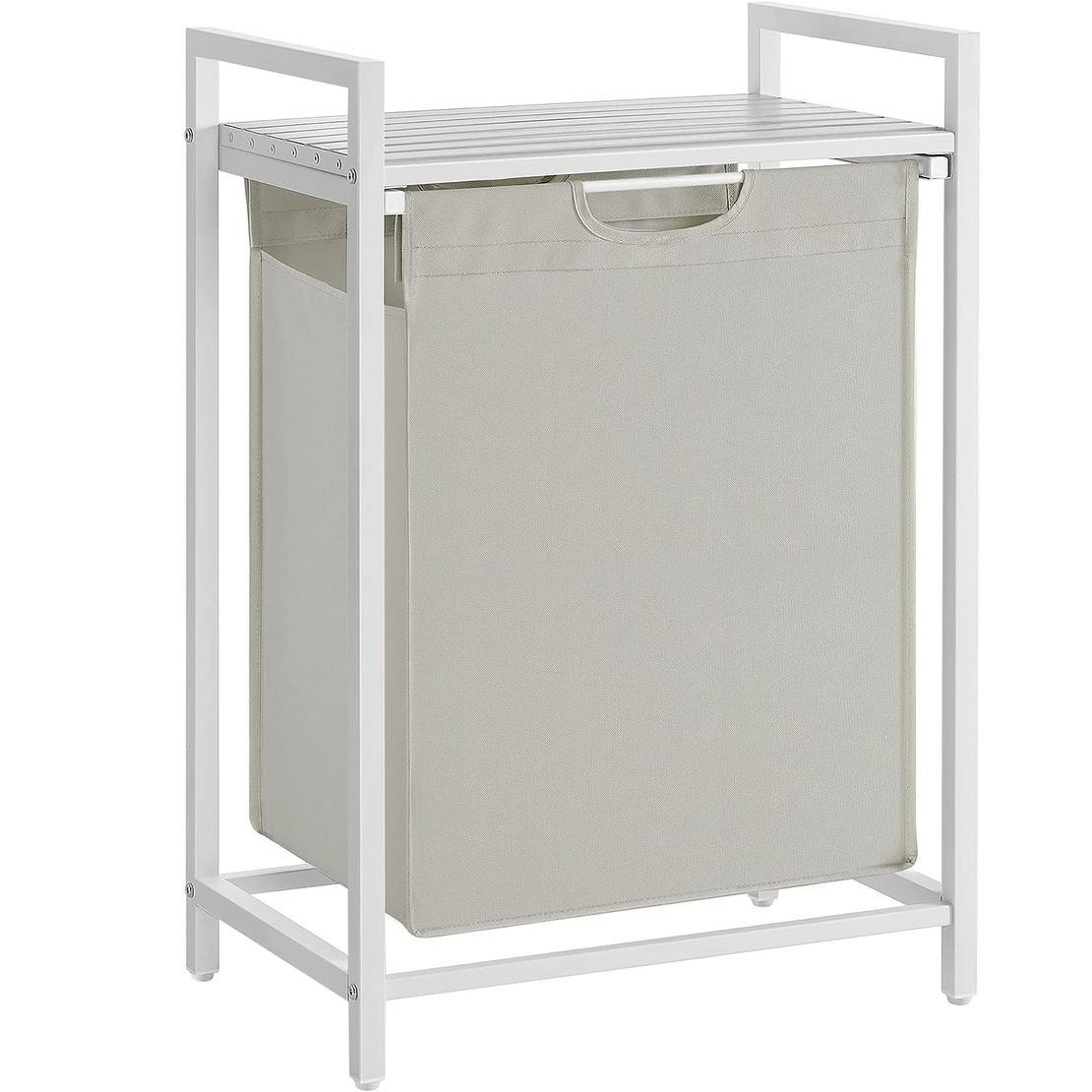 VASAGLE Cos de rufe, sac de rufe detasabil, raft, cadru metalic, 65L, 50x33x72 cm, alb