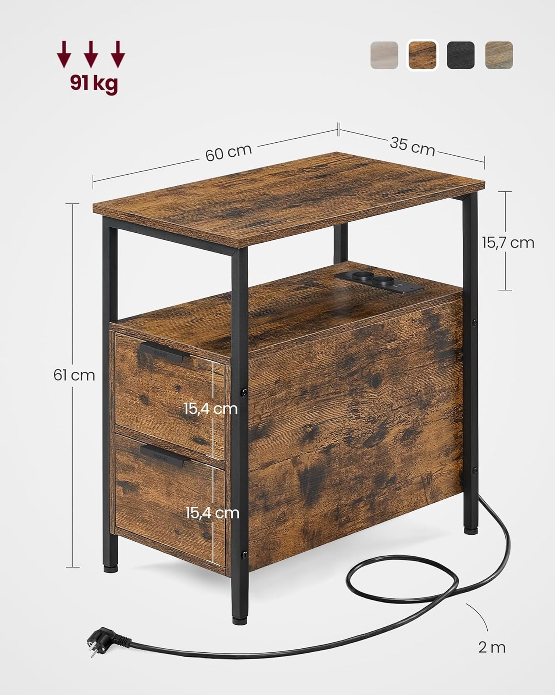 VASAGLE Noptiera 60x35x61 cm, cu 2 sertare, rafturi si priza incorporata, PAL si otel, maro rustic