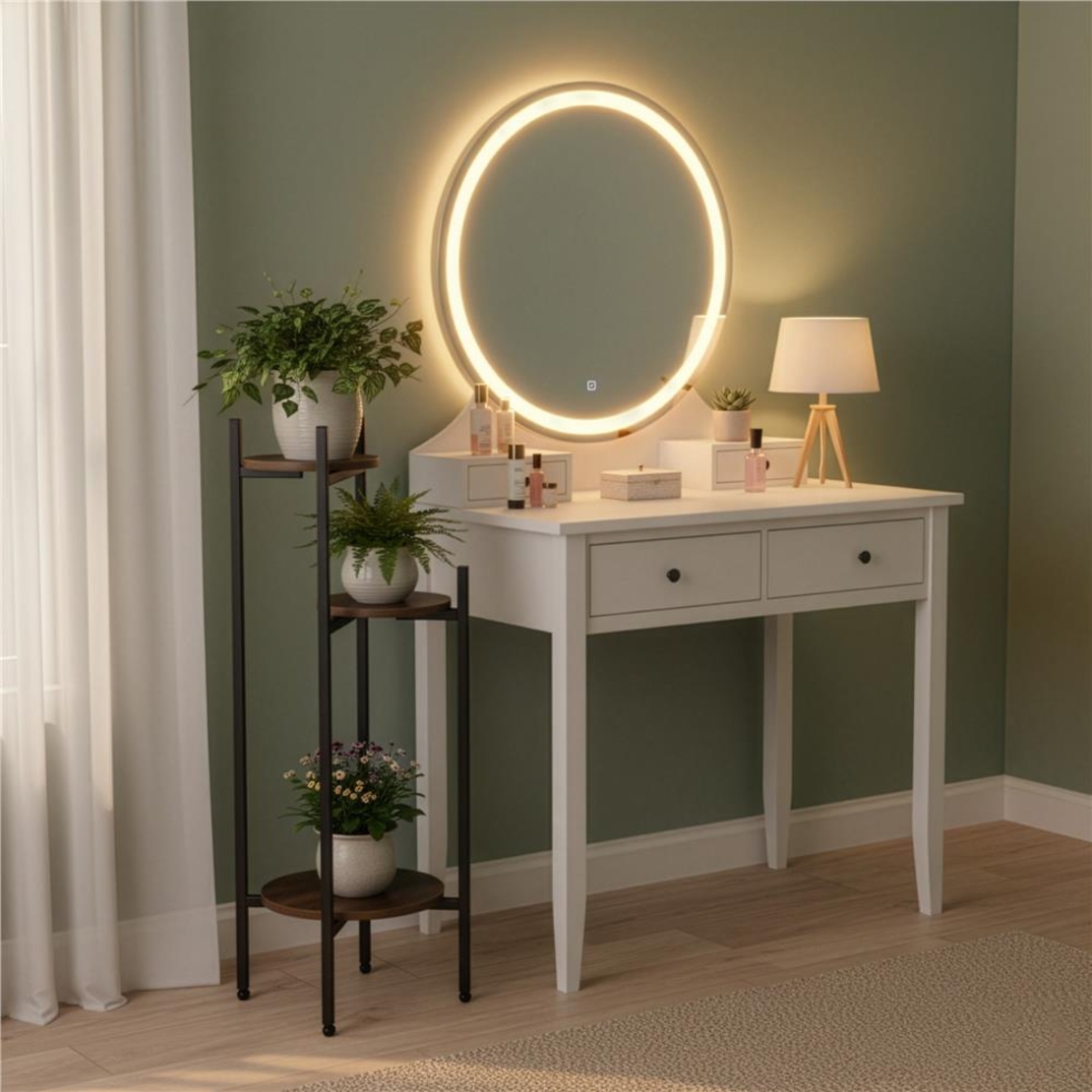 Suport pentru flori, rotund cu 3 polite, structura metalica si MDF, 32x32x81 cm, negru