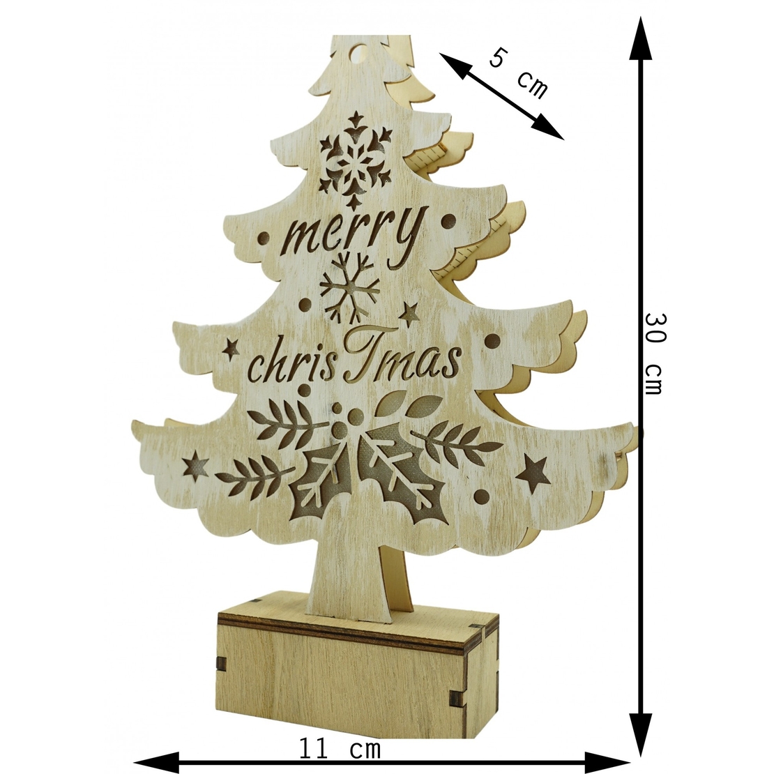 Decoratiune luminoasa, model de Brad cu inscriptie Marry Christmas, alb, lungime: 11 cm, latime: 5 cm, inaltime: 30 cm, lemn, interior/exterior